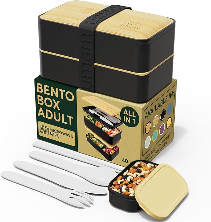 Umami Bento Box Adult All-In-1 w/4 Utensils, Big Sauce Jar, 2 Dividers, 100% Leakproof, Microwave & Dishwasher Safe Stackable Bento Lunch Box Containers for Men/Women, Black & Bamboo, 40 oz