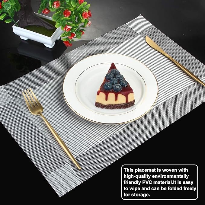 DACHUI Placemats Set of 8, Linen Look Woven Place Mats, Water Resistant, Heat Resistant, Washable, Durable Table Mats (Silver Grey)