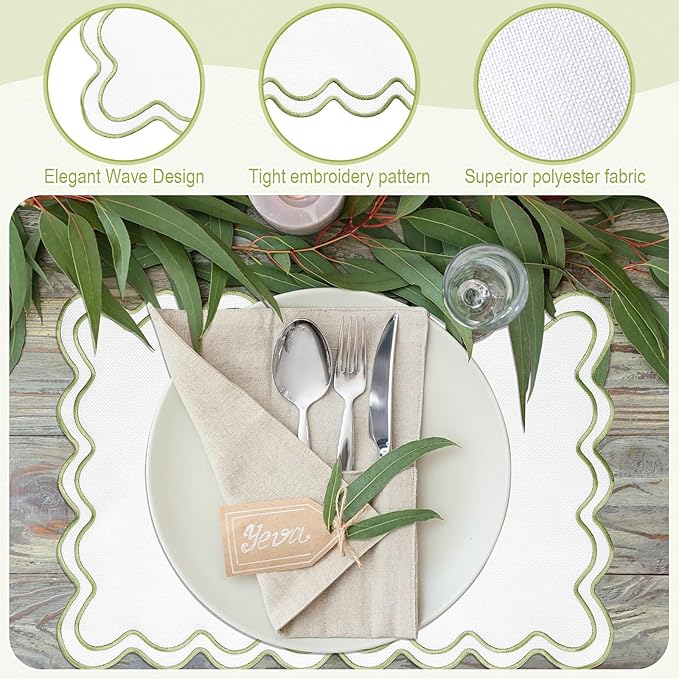 HunnmingRe Set of 6 Cotton Linen Placemats, 13x19 Inch Scalloped Wavy Embroidery Placemat Double Layered Washable Rustic Rectangle Dinner Table Mats for Wedding Home Decor(White with Green)