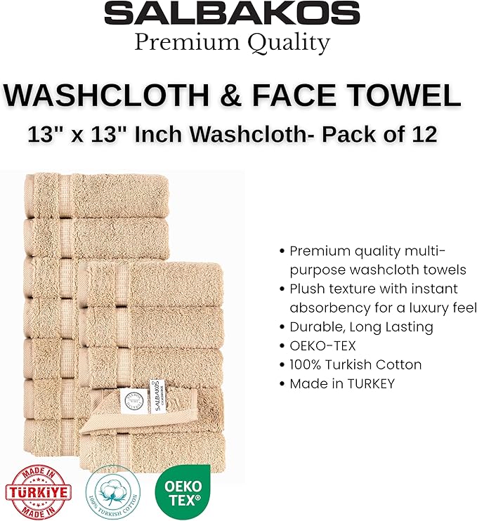 SALBAKOS 100% Turkish Cotton Washcloth Set of 12, 13x13 inch | Premium Quality | Hotel & Spa Collection | Ultra Soft, Super Absorbent, Wash Cloth Towels | Made in Turkey (Taupe, 12 Washcloths)
