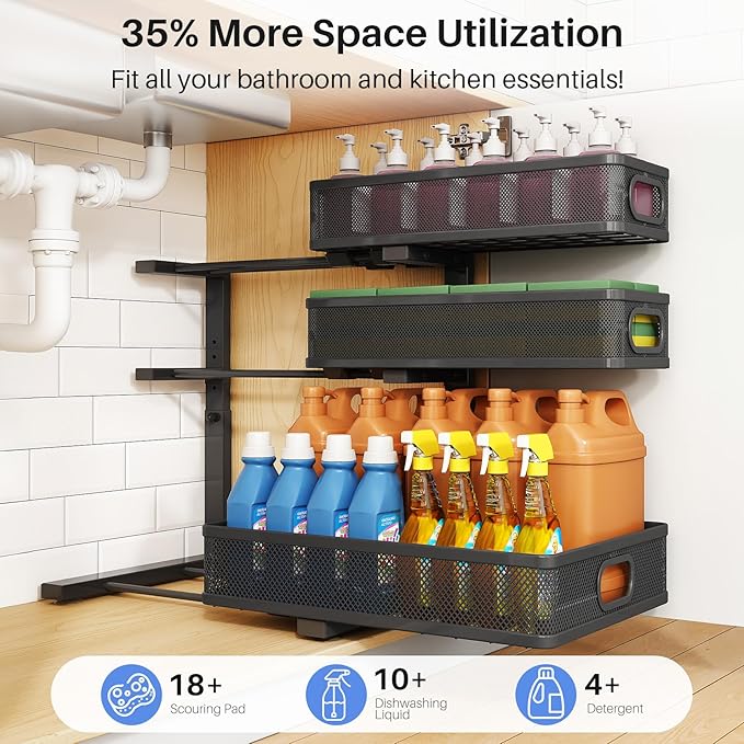 Under Sink Organizer, 1-Pack 3-Tier Thickened Metal Pull out Cabinet Organizer Shelf, Height Adjustable Slide out Storage Drawer Rack for Kitchen Bathroom Pantry Laundry Home Office Organization
