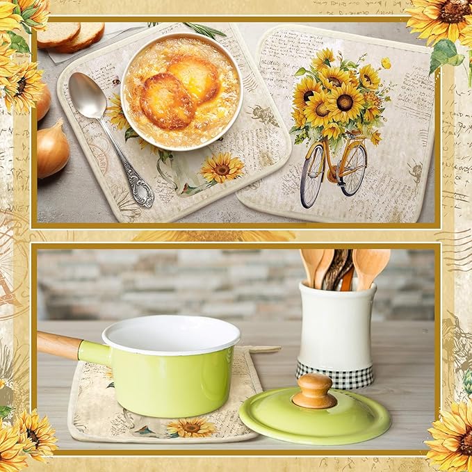 Bencailor 12 Pcs Pot Holders with Pocket Kitchen Hot Potholders Hot Pad Oven Mitts Cookie Bag Oven Gloves for Kitchen Gift Baking Cooking(Yellow,Sunflower)