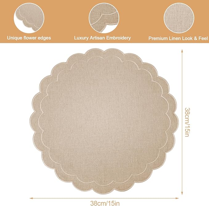 Set of 6 Cotton Linen Placemats, 15 Inch Linen Color Scalloped Flower Embroidery Cloth Table Mats Double Layered Fabric Machine Washable Wrinkle Free Dining Placemat for Hotel Restaurant Kitchen