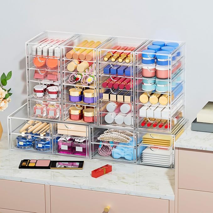 caktraie Desk Organizers And Accessories With 22 Drawers, 4 Pack Office Desktop Drawers, Plastic Makeup Organizer Containers Bins With Drawers Desk Organization, Bathroom Organizers Storage Case Box