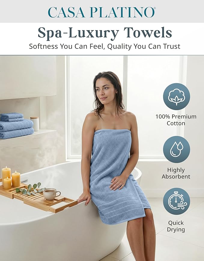 Casa Platino Premium Cotton Bath Towel 12 Piece Set - Super Soft, Quick Dry & Absorbent - 4 Bath, 4 Washcloths, 4 Hand Towels for Bathroom - Hotel Quality & Suitable for Family - Cerulean Blue