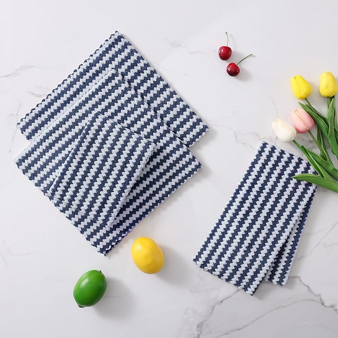 Homaxy 18 Pack Kitchen Dish Cloths, Ultra Soft and Absorbent Dish Towels, Reusable Fast Drying Microfiber Cleaning Cloth, Coral Velvet Wave Design No-lint, 10 x 10 inches, Navy Blue