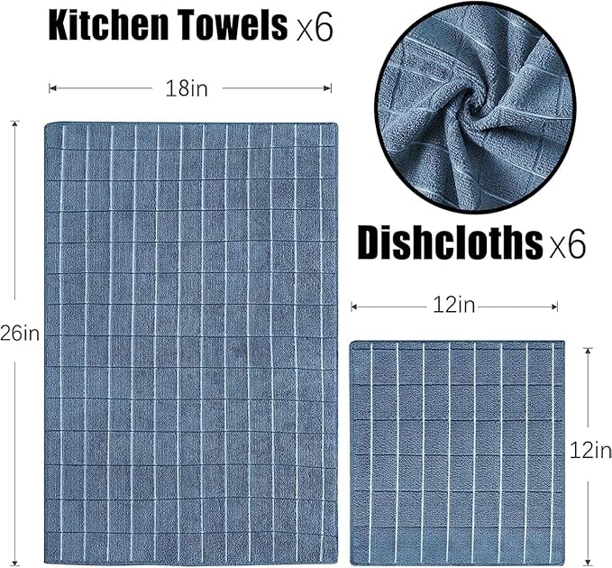 Puomue Microfiber Kitchen Towels and Dishcloths Set, 26 X 18 Inch and 12 X 12 Inch, Set of 12 Bulk Lint Free Dish Towels for Drying Dishes, Blue