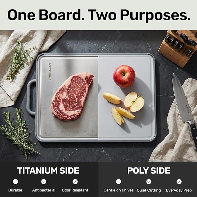 Chopzilla Titanium Cutting Board, Food Safe Double Sided PP and Titanium Cutting Boards for Kitchen with Etched-In Ruler for Meats, Vegetable Chopping, Dishwasher Safe - 15.75" x 10.5" (1 Pk)