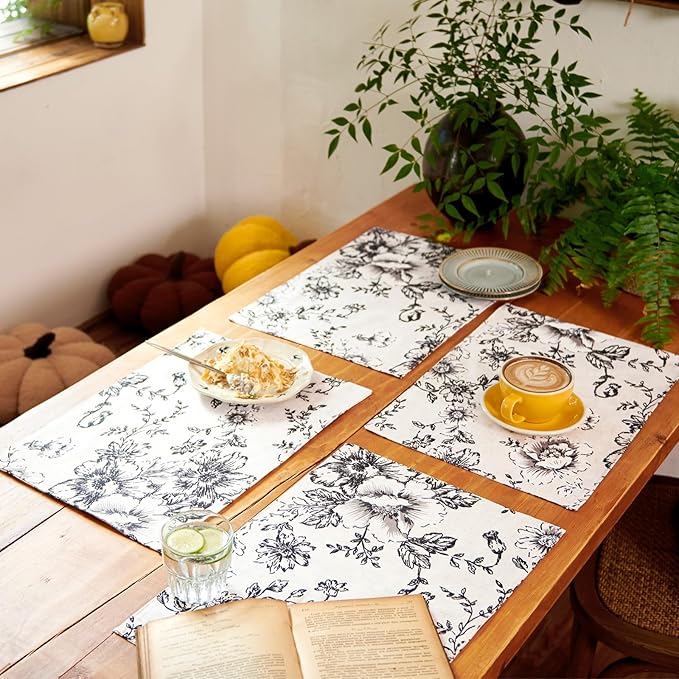 JINCHAN Floral Placemats Set of 4 Farmhouse Linen Placemats Cloth Table Mats Holiday Seasonal Rustic for Kitchen Dining Table Decor Heat Resistant Washable Tablemats 13x19 Inch Black
