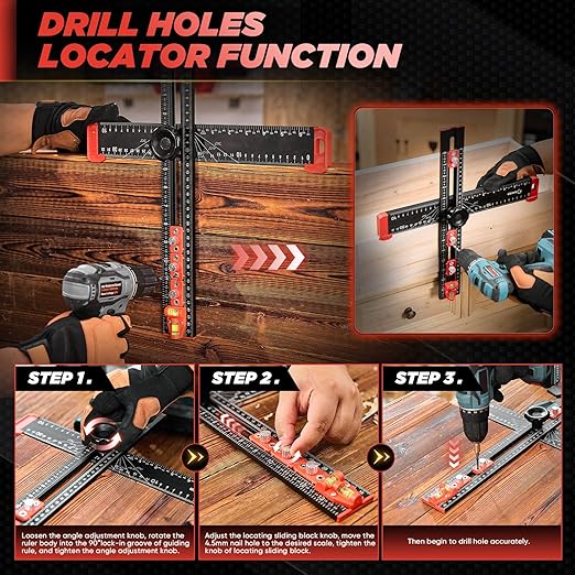 Saker 4-in-1 Drilling Positioning Ruler, Adjustable 13.78in Multifunctional T Square Ruler, Cabinet Hardware Jig, Marking Gauge Tools for Woodworking, Cabinet Drawer Door Hole Drilling Template