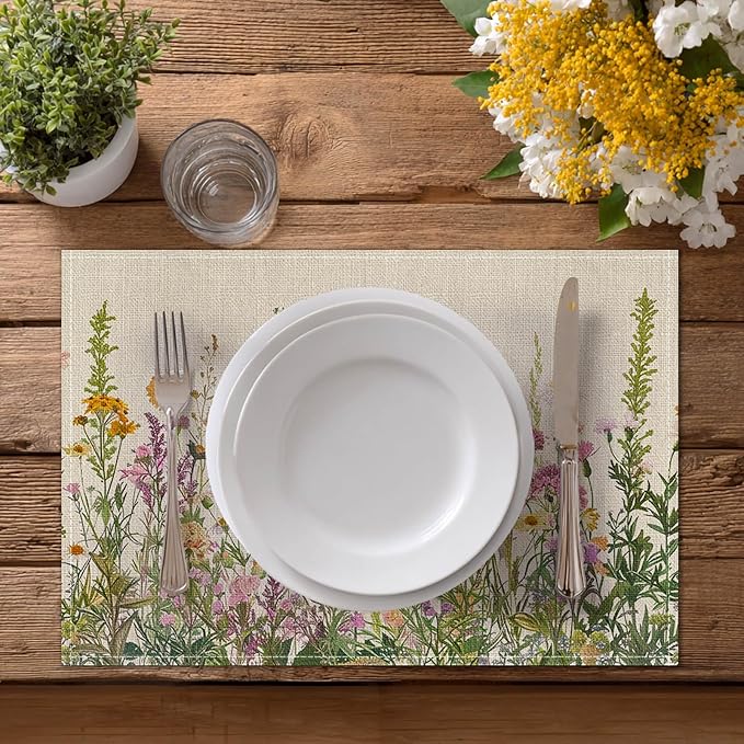 HOMETITUTE Floral Linen Placemats Set of 4 12x18 inch Spring Table Mats for Dining Table Farmhouse Decorations Kitchen Decor Desk Mat for Outdoor Home Party Kitchen Seasonal Dining Decor