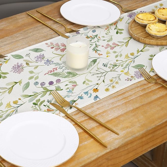 ONFAON Spring Table Runner,Wildflowers Floral Seasonal Summer Kitchen Dining Table Decoration for Home Party Decor 13x72 Inch