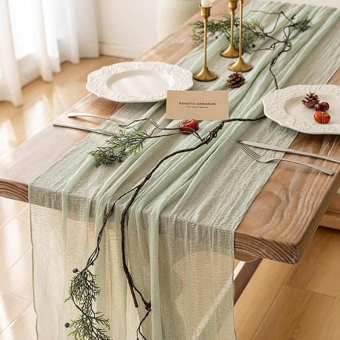 Keketoarrange 3Pcs Sage Green Spring Easter Cheesecloth Table Runner 120 Inch 10 FT Rustic Boho Cheese Cloth Runner for Wedding Baby Shower Bridal Shower Sheer Gauze Centerpiece Home Decor