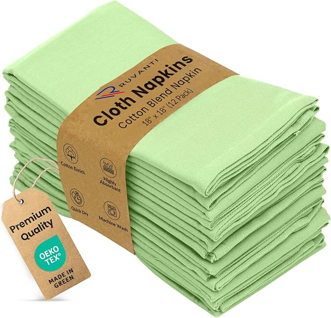 Ruvanti Cloth Napkins Set of 12, 18x18 Inches Napkins Cloth Washable, Soft, Durable, Absorbent, Cotton Blend. Table Dinner Napkins Cloth for Hotel, Lunch, Restaurant, Wedding Parties - Light Green
