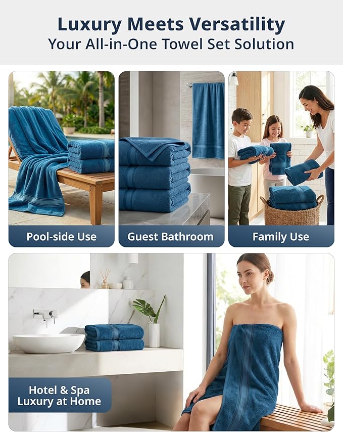 LANE LINEN Oversized Bath Towels - Zero Twist - Resists Pilling & Shedding - 4 Pack (35"x66") Extra Large Towel Sets - Soft, Fade Resistant & Quick Dry - Pre Shrunk to maintain perfect size - Sea Port