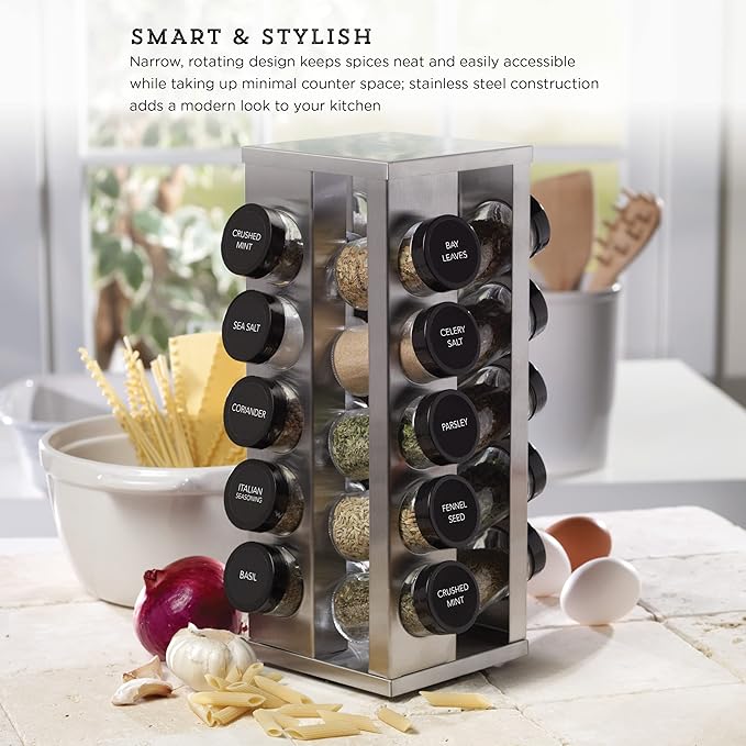 Kamenstein 20 Jar Heritage Revolving Spice Rack with Spices Included, Brushed Stainless Steel Rotating Countertop Organizer with Free Refills for 5 Years