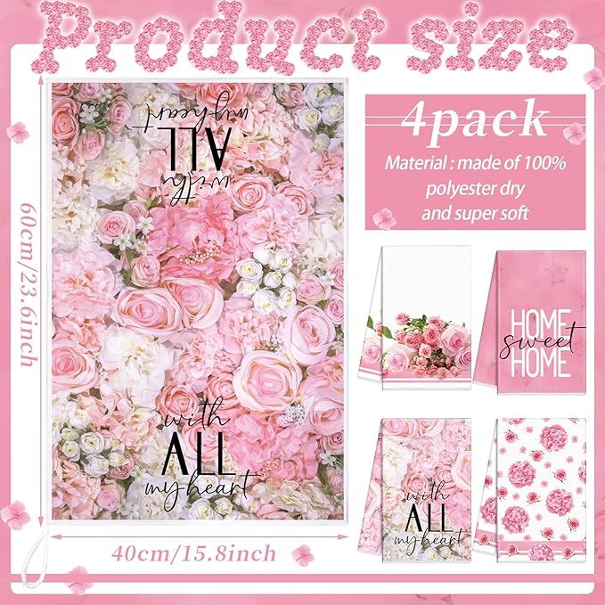 Leinuosen 8 Pcs Pink Rose Kitchen Towels and Dishcloths Sets Oven Mitts and Pot Holders Sets Absorbent Kitchen Gloves Potholders Heat Resistant for Chef Baking Cooking