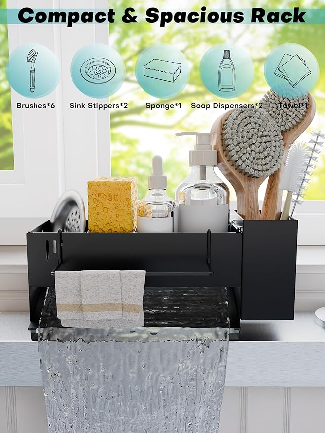 Kitchen Sink Caddy Organizer, Sponge Holder for Kitchen Sink with Upgraded Extra-Wide Drain Board, Efficient Drainage, Stainless Steel with Rust-Resistant Coating