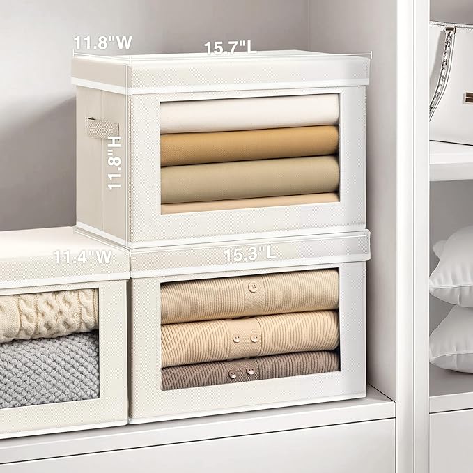 Homsorout Storage Bins with Lids, 4 Pack Large Storage Cubes with Window, Closet Bins with Lids & Handles, Fabric Box for Organizing Clothes, Towels, Books, Beige