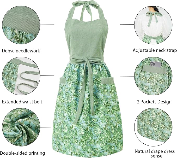 Cute Floral Aprons for Women with Pockets,Cotton Adjustable Neck Strap Apron for Kitchen Cooking Baking Gardening
