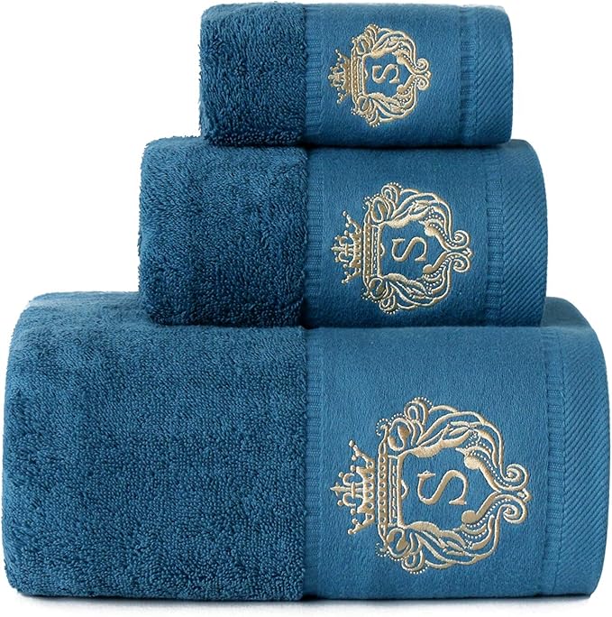 Sunshinejing Premium 100% Pure Cotton Bath Towel Luxury Hotel & Spa Bathroom Hand Towels Embroidery Washcloth Decoration Bath Sheets (Peacock-Blue)