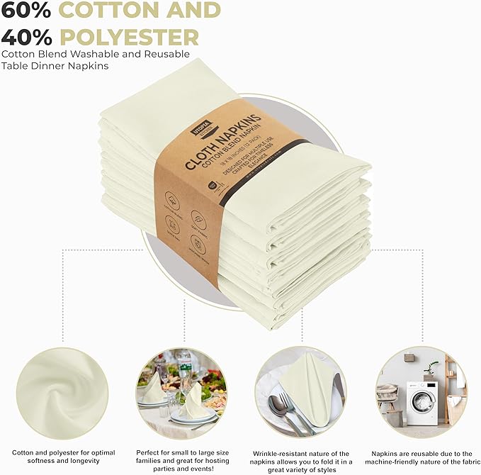 Utopia Kitchen Ivory Cloth Napkins [12 Pack, 18x18 Inch] Absorbent Cotton Blend Washable and Reusable for Dinner, Restaurant, Lunch, Wedding and Hotel