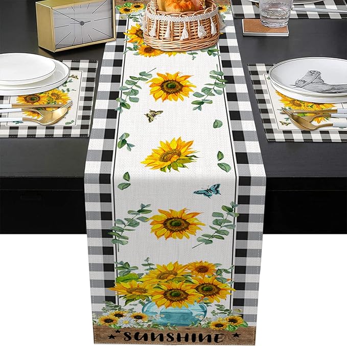 ArtSocket Sunflower Table Runner and Placemats Set of 6, Black White Buffalo Plaid Floral Flower Dining Decor for Daily Use(1 Table Runner 72 inches Long and 6 Placemats)