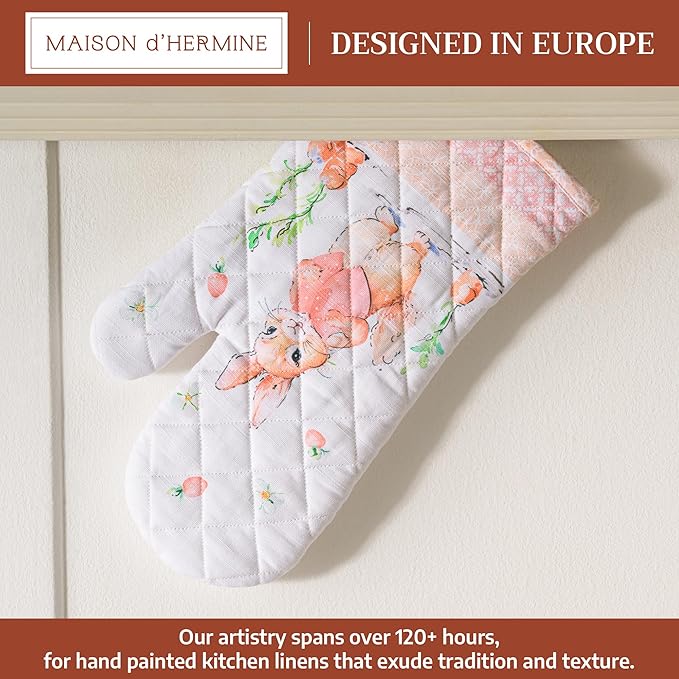 Maison d'Hermine Oven Gloves 100% Cotton Oven Mitt 7" x 13" with Loop Heat Resistant BBQ Cooking Gloves Baking Grilling Gifts for Mothers Day Spring/Summer (Pack of 1, Bunny Party)