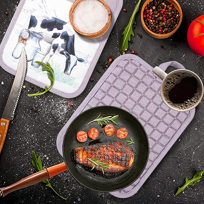 Pot Holders Set of 3 Silicone Printing Non Slip Heat Resistant, Yarm-Dyed Hot Pads Cotton Home Kitchen Cooking Barbecue Microwave Women Men Machine Washable BBQ Grilling. (Purple Potholders)