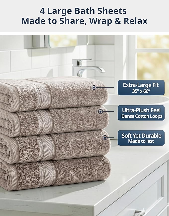 LANE LINEN Extra Large Bath Towels - Zero Twist - Set of 4 Pack (35" x 66" Cotton Towels - Zero Twist Cotton for Long-Lasting fluffiness Always Prepared for Overnight Guests - Platinum