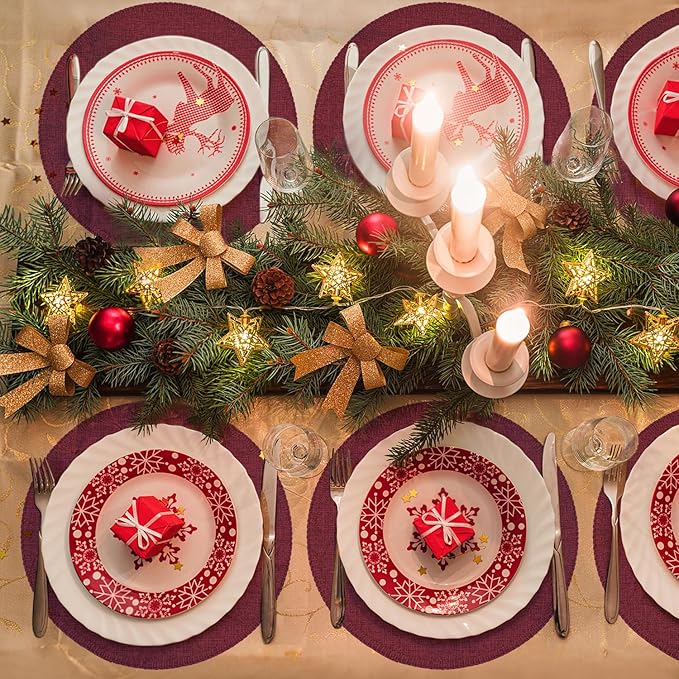 Round Placemats Set of 6, 15 Inch Linen Fabric Table Placemats, Heat Resistant, Wrinkle Free Washable Placemats Kitchen Place Mats Set of 6 for Dining Table Party Table (Wine Red, 6)