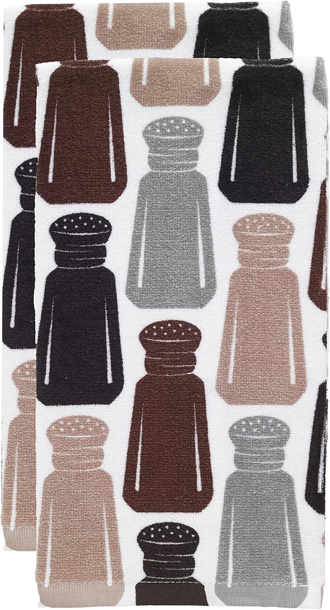 T-Fal Fiber Reactive Print Kitchen Towels: Highly Absorbent, Super Soft - 100% Cotton, 16"x28" Dish Towels for Cleaning & Drying Dishes, Pans, Glassware, or Countertops, 2-Pack, Salt & Pepper