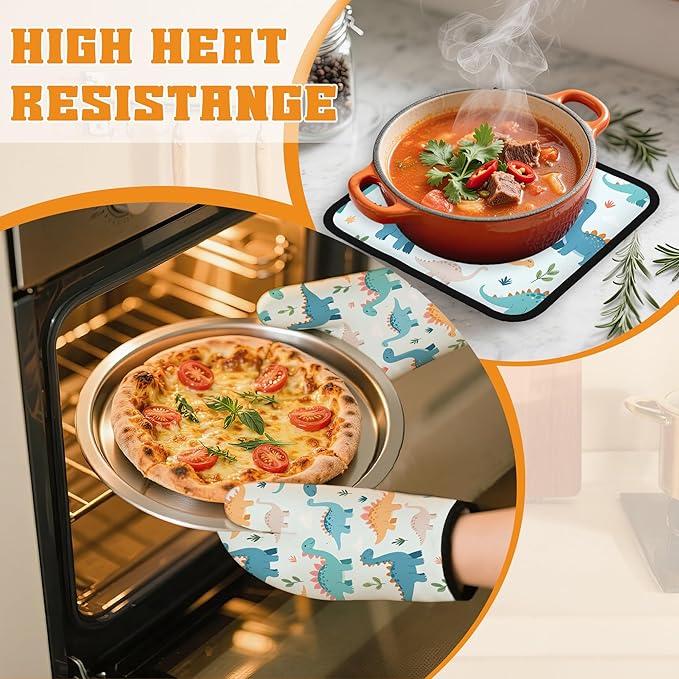 Cute Dinosaur Oven Mitts and Pot Holders,Heat Resistant Oven Mitts Gloves and Pot Holder for Home Kitchen Decorations Cooking Baking BBQ Gifts,Set of 4