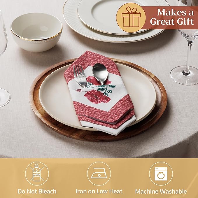 Maison d' Hermine Cloth Napkins Set of 4 100% Cotton Everyday Reusable Square Napkins Cloth Washable Dinner Party Wedding Restaurant Gifts for Mothers Day Spring/Summer (Poppy, 18" x 18")