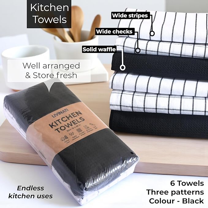 Cotton Dish Towels For Kitchen Drying - Highly Absorbent Wide Black Striped Plaid Tea Towels - 18"X28" Set Of 6 Farmhouse Linen Dishtowels In Bulk - Pano De Prato Para Cozinha - T Towles Towls