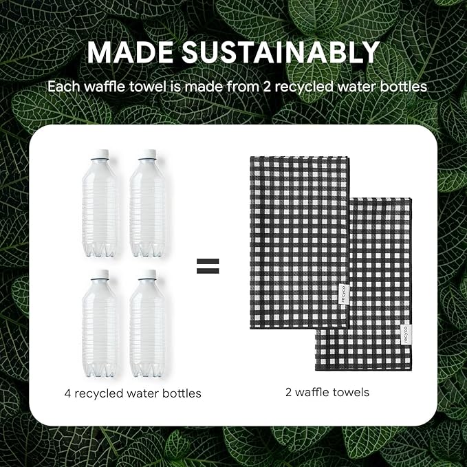 RECYCO Waffle Kitchen Towel Set of 2 - Quick Dry Microfiber Sustainable Dish Towels - Ultra Absorbent Reusable Cleaning Tea Towels - Lightweight Hand Towels,16”x 28”, Iron Black Plaid