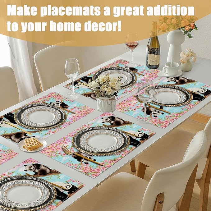 Cute Panda Placemats Set of 6, Sakura Tree Linen Place Mat Washable Stain Resistant Table Mats for Farmhouse Kitchen Dining Holiday Party Wedding Decor 12x18 Inch