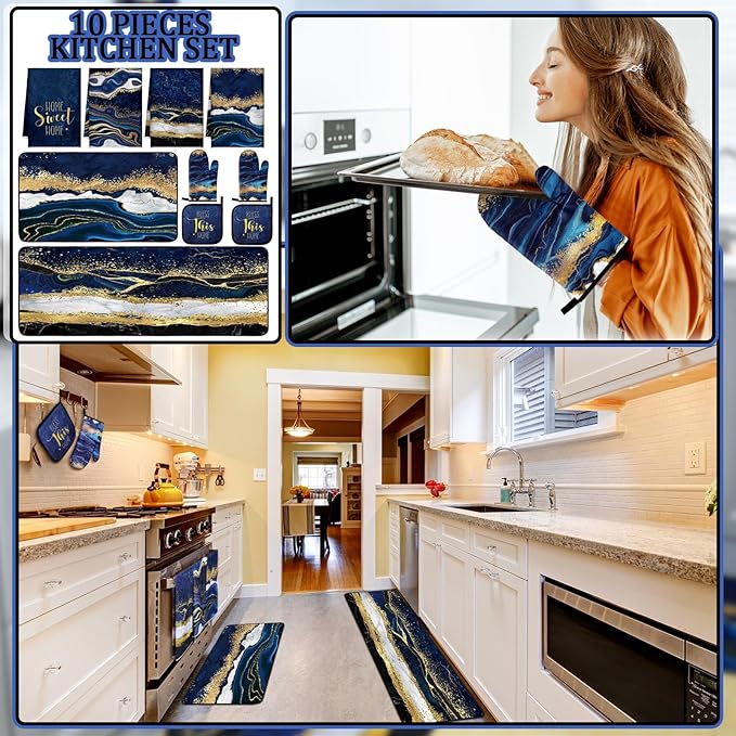 Fourluoo 10 Pcs Kitchen Dish Towels Rugs Oven Mitts and Pot Holders Kit Farmhouse Kitchen Decor Set Gloves Vintage Potholders for Baking Cooking Chef(Blue,Modern)