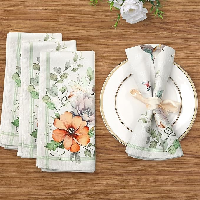 Spring Summer Flower Bird Napkins, 18×18 Inch Dinner Cloth Napkins Set of 4, Washable Cotton Soft Absorbent Square Table Top Decoration for Dining Kitchen Party Wedding