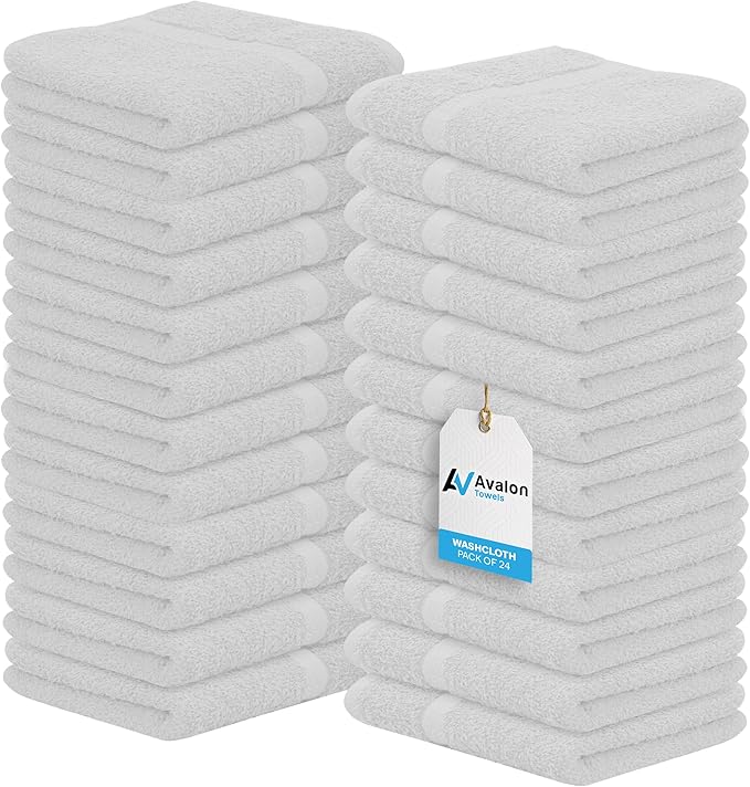 Avalon Towels Cotton Washcloths 24-Pack – 12 x 12 Inch Silver Super Soft & Absorbent Ring-Spun Cotton Wash Cloths for Face, Bath, Spa, Gym, Hotel & Cleaning
