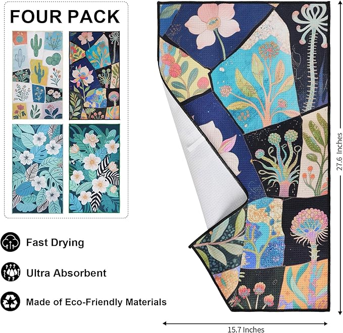 Waffle Kitchen Towels Set of 4 Pack 15.7" x 27.6" Quick Dry Microfiber Tea Dish Towel with Hanging Loop, Ultra Absorbent Reusable Cleaning Dishcloths, Decorative Hand Towels Housewarming Gifts