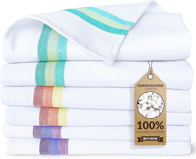 Harringdons 100% Cotton Kitchen Towels, Highly Absorbent Dish Towels for Kitchen with Hanging Loop, Large 20"x28" Washable Towels, Assorted Colors, 6 Pack