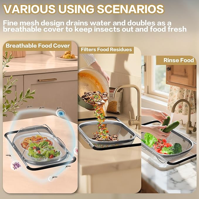 Over the Sink Colander - 6QT Strainers and Colanders - Stainless Steel Strainer - Expandable Sink Colander with Rubber Grip for Strain, Drain, Rinse Fruits, Vegetables, Home Kitchen Essentials