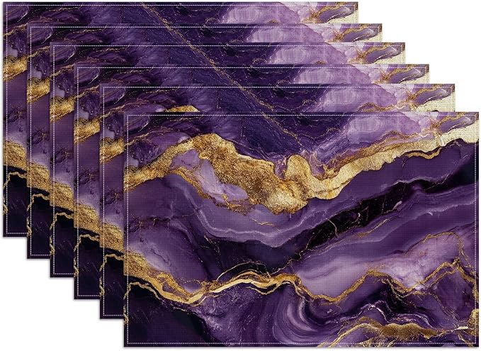 Purple Gold Marble Placemats Set of 6, Washable Heat Resistant Table Mat Linen Place Mats for Party Kitchen Dining Home Decor 12x18 Inch
