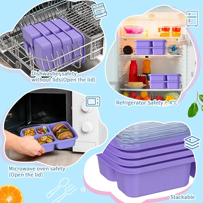 Bento Box 4-Pack 5-Compartment Meal Prep Containers, BPA-Free Plastic, Stackable Food Storage Lunch Boxes for Adults and Kids, School Work Travel (Purple)