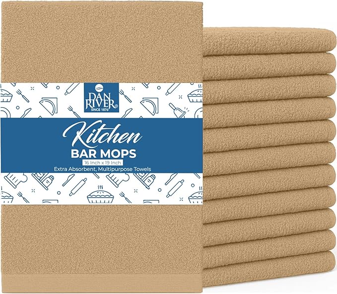 DAN RIVER Kitchen Bar Mops,Pack of 12,16 by 19 Inches,100% Cotton Super Absorbent,Multi-Purpose Cleaning Towels for Home and Kitchen Bars-Tan