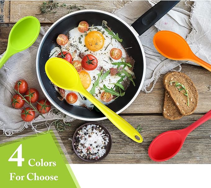 Shappy 4 Pieces Silicone Cooking Spoons 10.6 Inch Heat Resistant Kitchen Spoons for Mixing, Serving and Stirring Upgrade Large Non Stick Basting Utensils, Dishwasher Safe(Spoon,Bright Color)