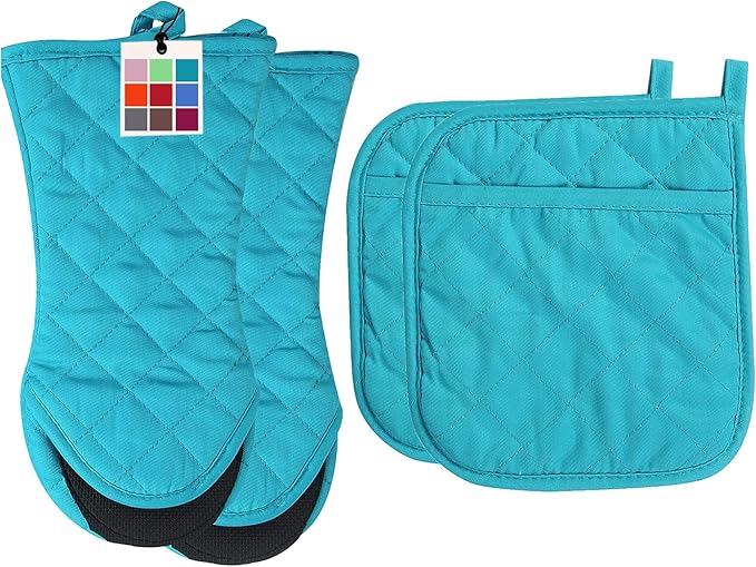 ARCLIBER Hot Pads and Oven Mitts,4PCS Heat Resistant Kitchen Gloves,Non-Slip Rubber Surface 2 Oven Mitts,2 Pot Holders for Cooking,Baking,Grilling,Barbecue,Blue