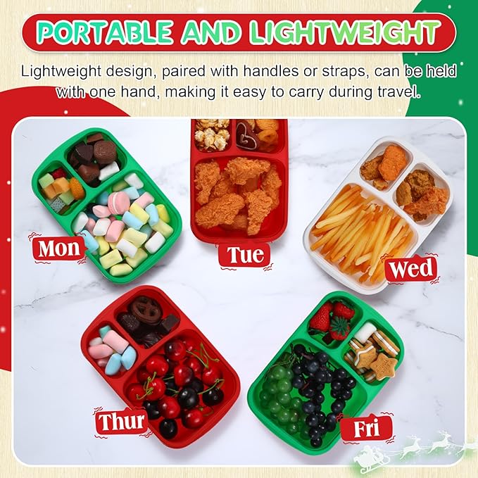 Honeydak 5 Pack Snack Containers 3 Compartment Bento Snack Boxes Divided Meal Prep Containers with Lids Reusable Adults Lunch Food Storage Box for School Work Travel (Red and Green)