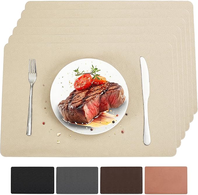 Vinyl Placemats Set of 6 Heat Resistant Easy Clean Non-Slip Place Mats for Dining Table Faux Leather Waterproof Stain Resistant Wipeable Washable PVC Table Mats(6, Beige)